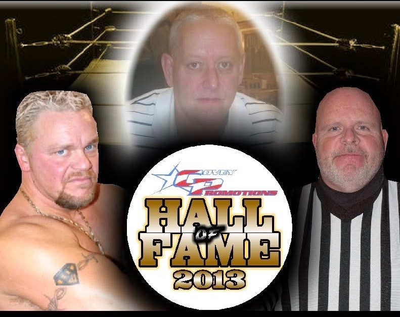 Covey Pro Hall of Fame 2013 promotional graphic — Shane Douglas (bottom left), Dave Duncan (center, posthumous), Pat Lawson (right)